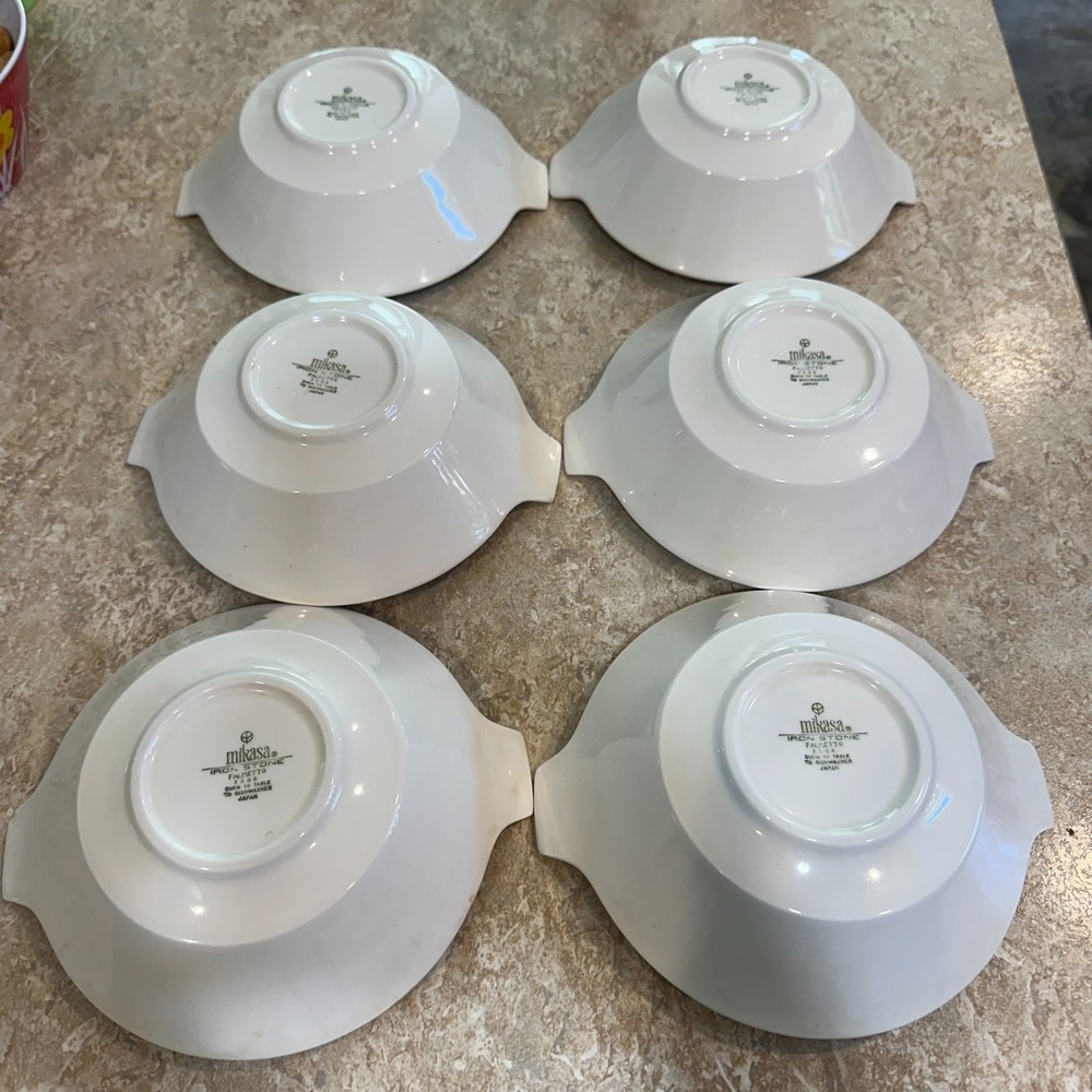Vintage Mikasa Iron Stone Palmetto Bowls 3306 Set of Six Green & White Japan - Picture 4 of 5